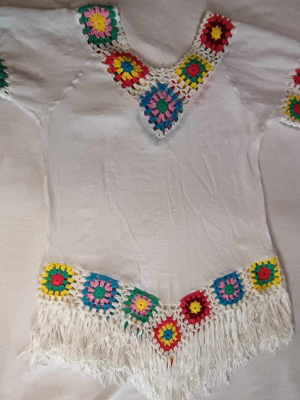 White V-Neck Fringe Tunic with Granny Crochet Squares Medium Lightweight Fabric